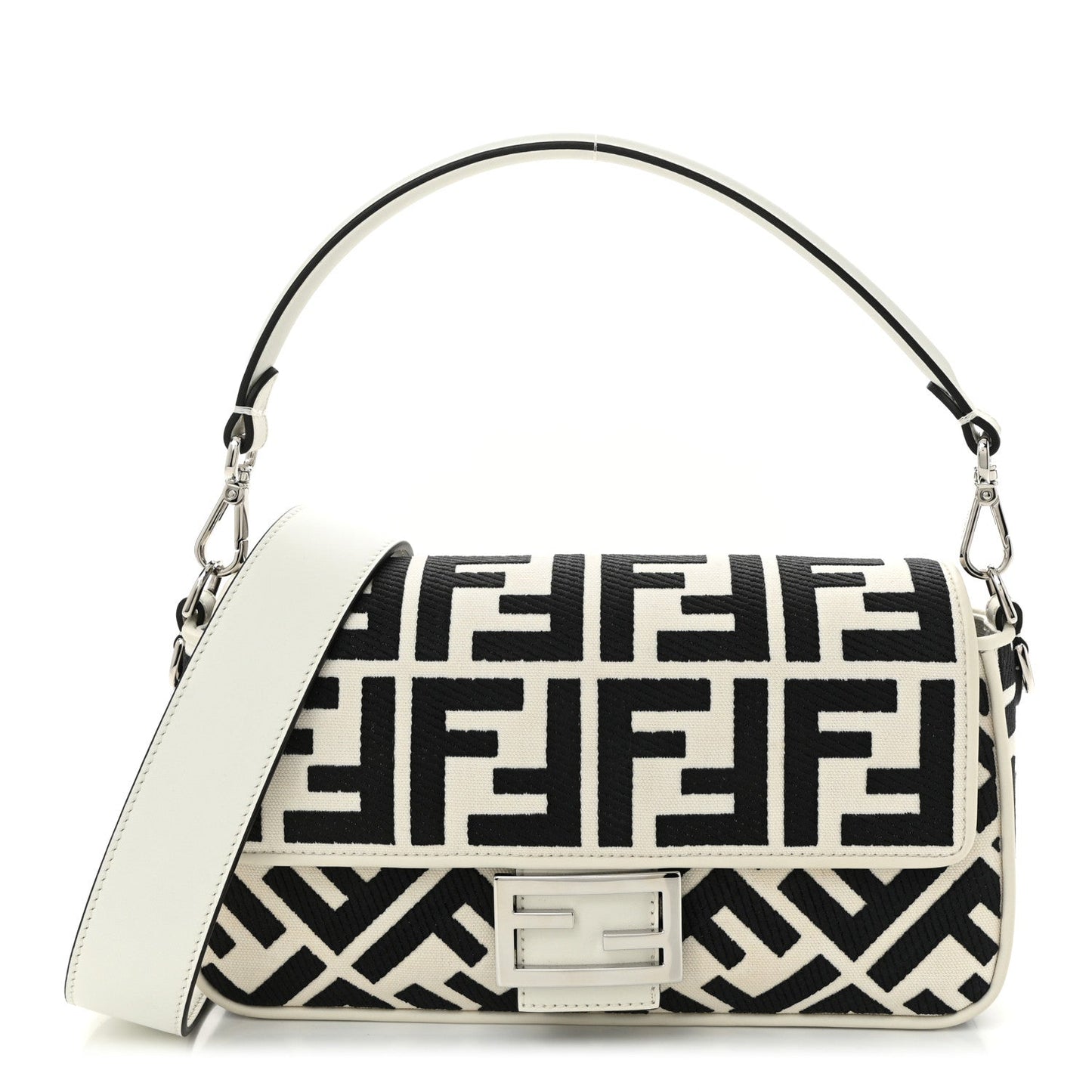 Fendi Canvas Vitello King FF Embroidered Baguette White Black