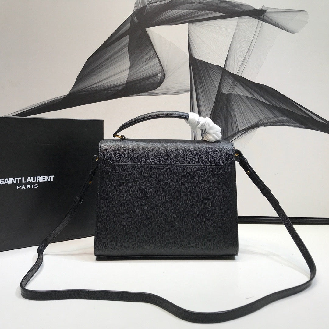Yves Saint Laurent Cassandra Medium Top Handle Bag In Grain Black.6in/.5cm