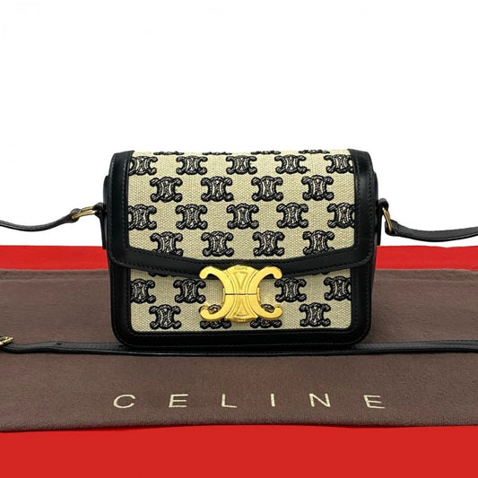 CELINE Shoulder Bag Canvas, Leather black Triomphe logo Metal Teen Triomphe Women