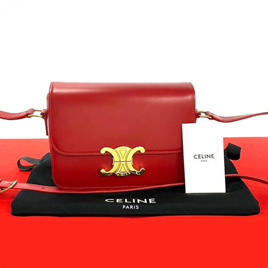 CELINE Shoulder Bag leather Red Triomphe logo Metal Women