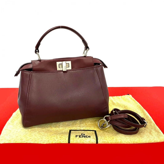 FENDI Shoulder Bag leather wine-red Peek-a-boo mini Women