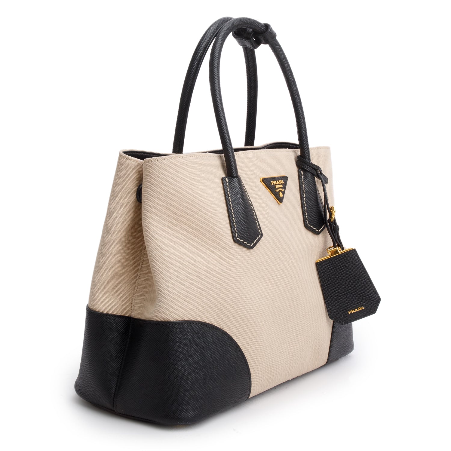 Prada Black Saffiano Lux and Beige Canapa Medium Galleria Tote