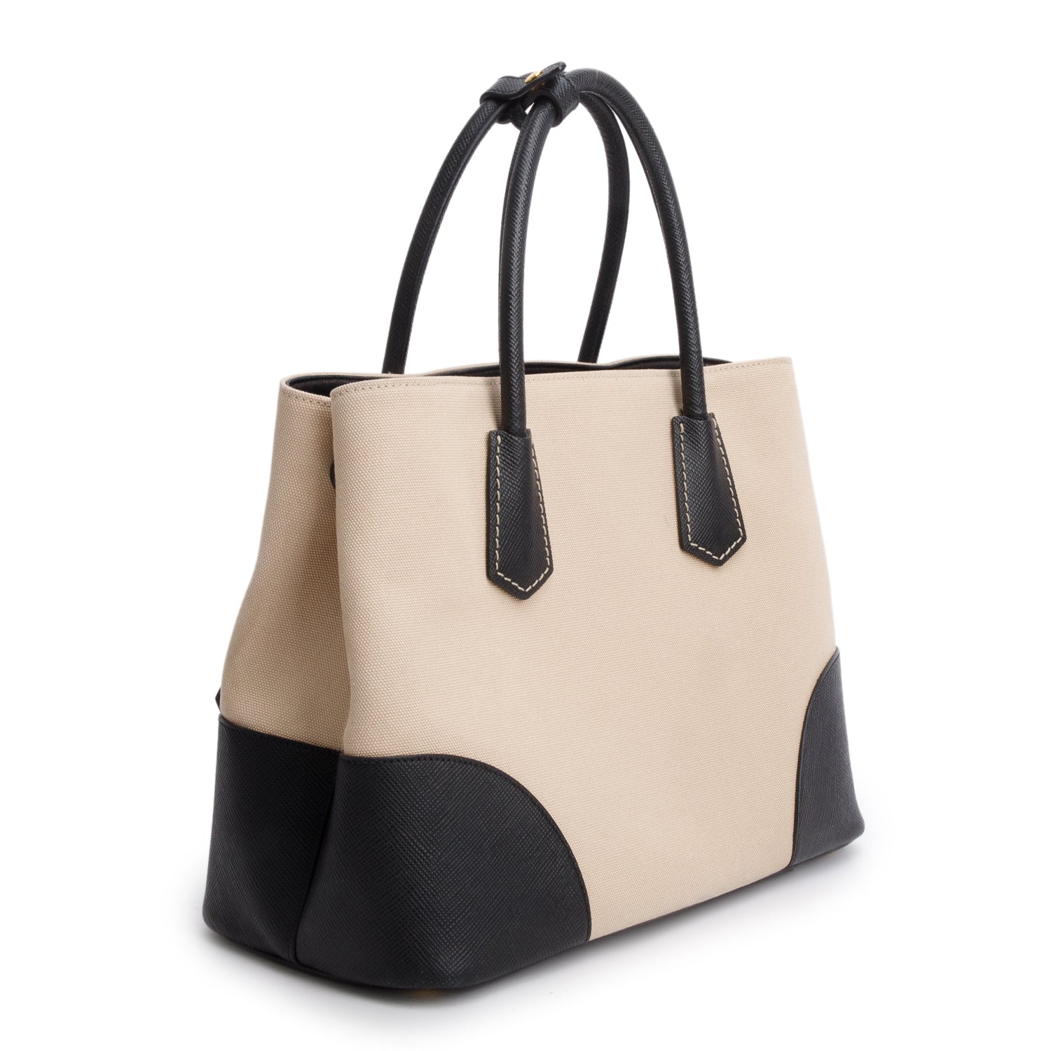 Prada Black Saffiano Lux and Beige Canapa Medium Galleria Tote
