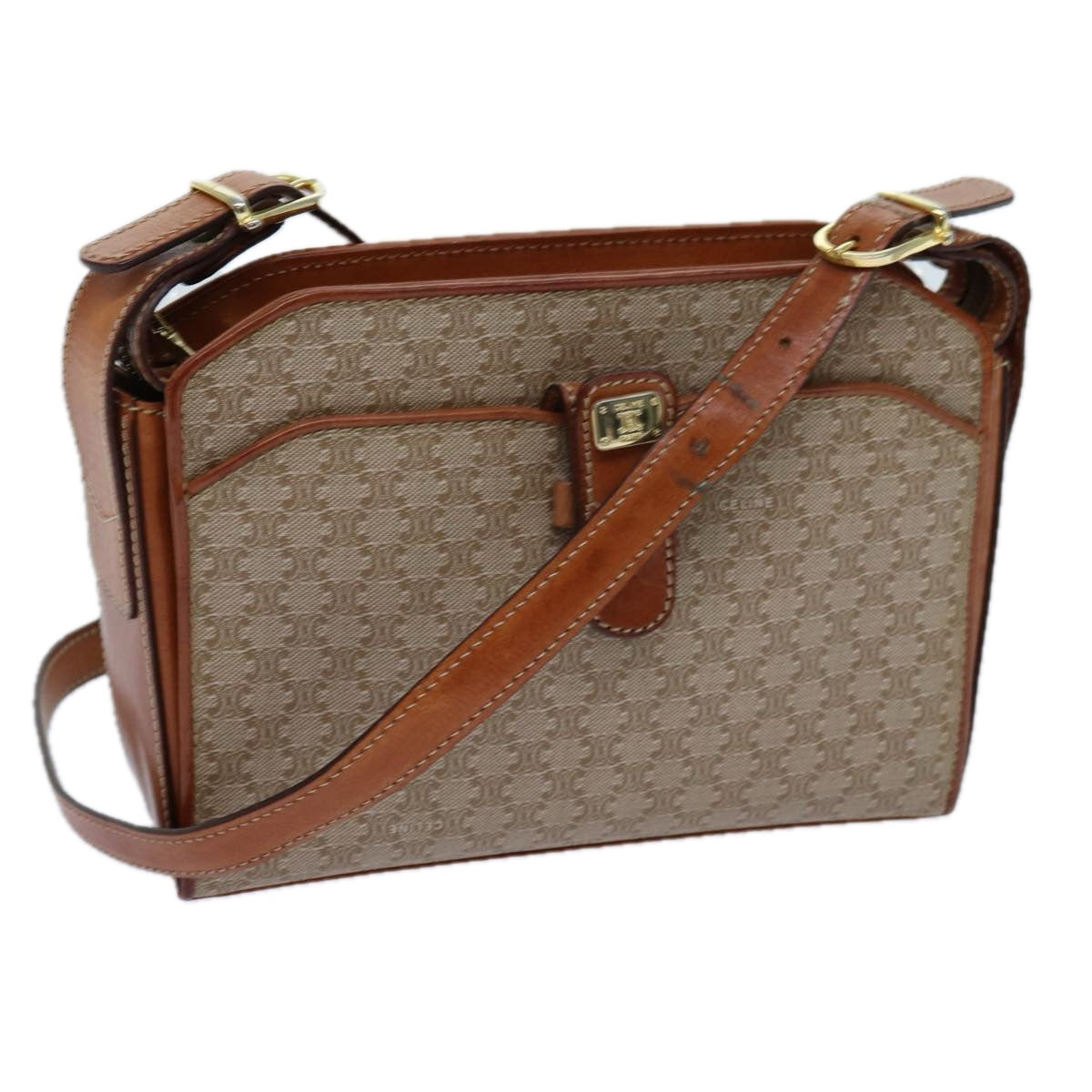 Luxury CELINE Macadam Canvas Shoulder Bag Beige 71426