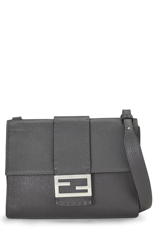 Fendi, Grey Leather Flat Baguette Bag Medium, Grey
