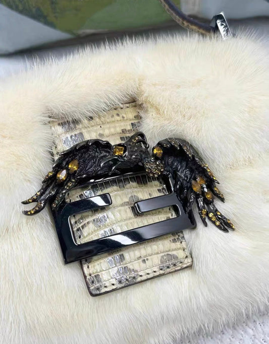Rare Fendi Baguette Bag Fur with Lizard and Crystals Birds