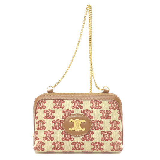 CELINE Shoulder Bag canvas Brown Triomphe Clutch with Chain