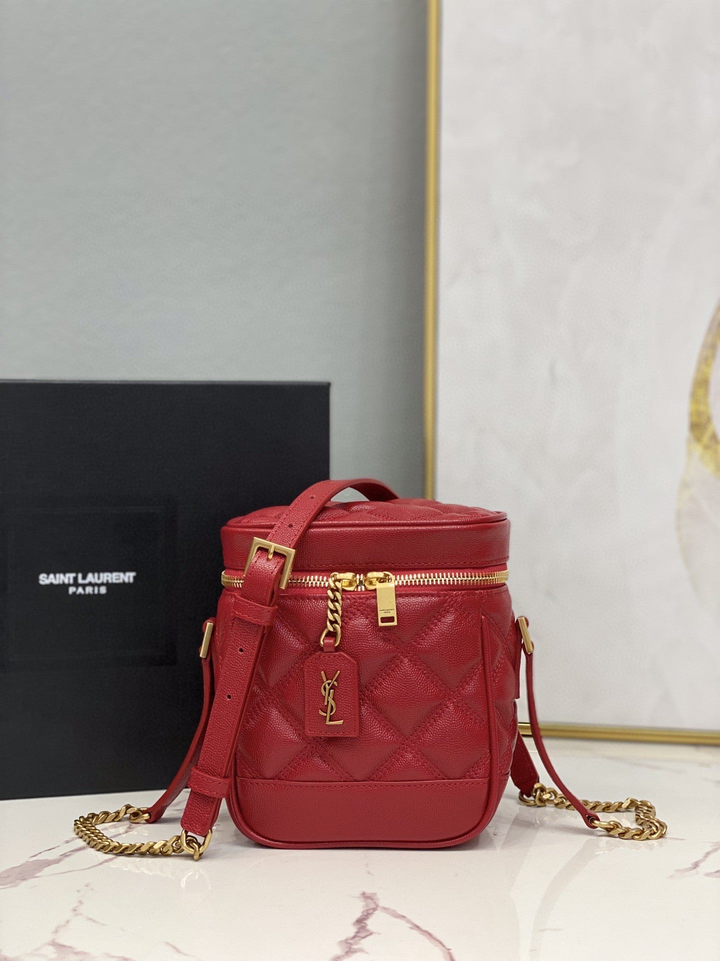 Yves Saint Laurent Vanity Bag In Carr Quilted Grain De Poudre Red.4in/.5cm