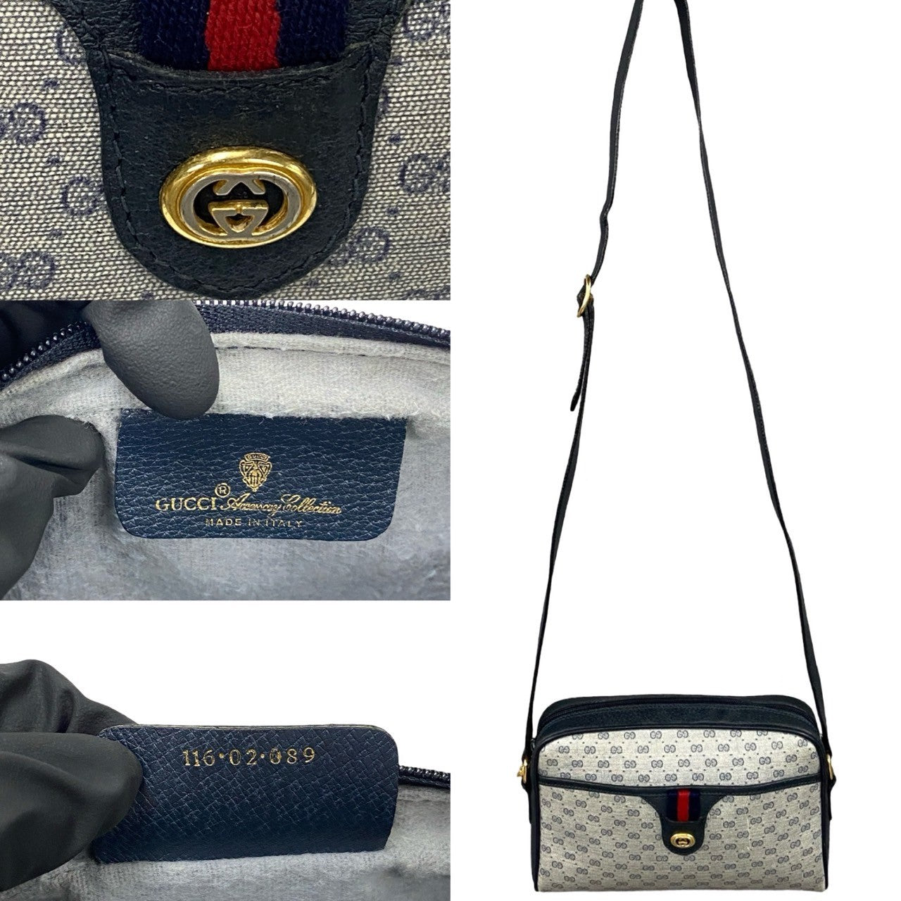 GUCCI Shoulder Bag Leather, PVC Navy Micro GG Sherry line Women