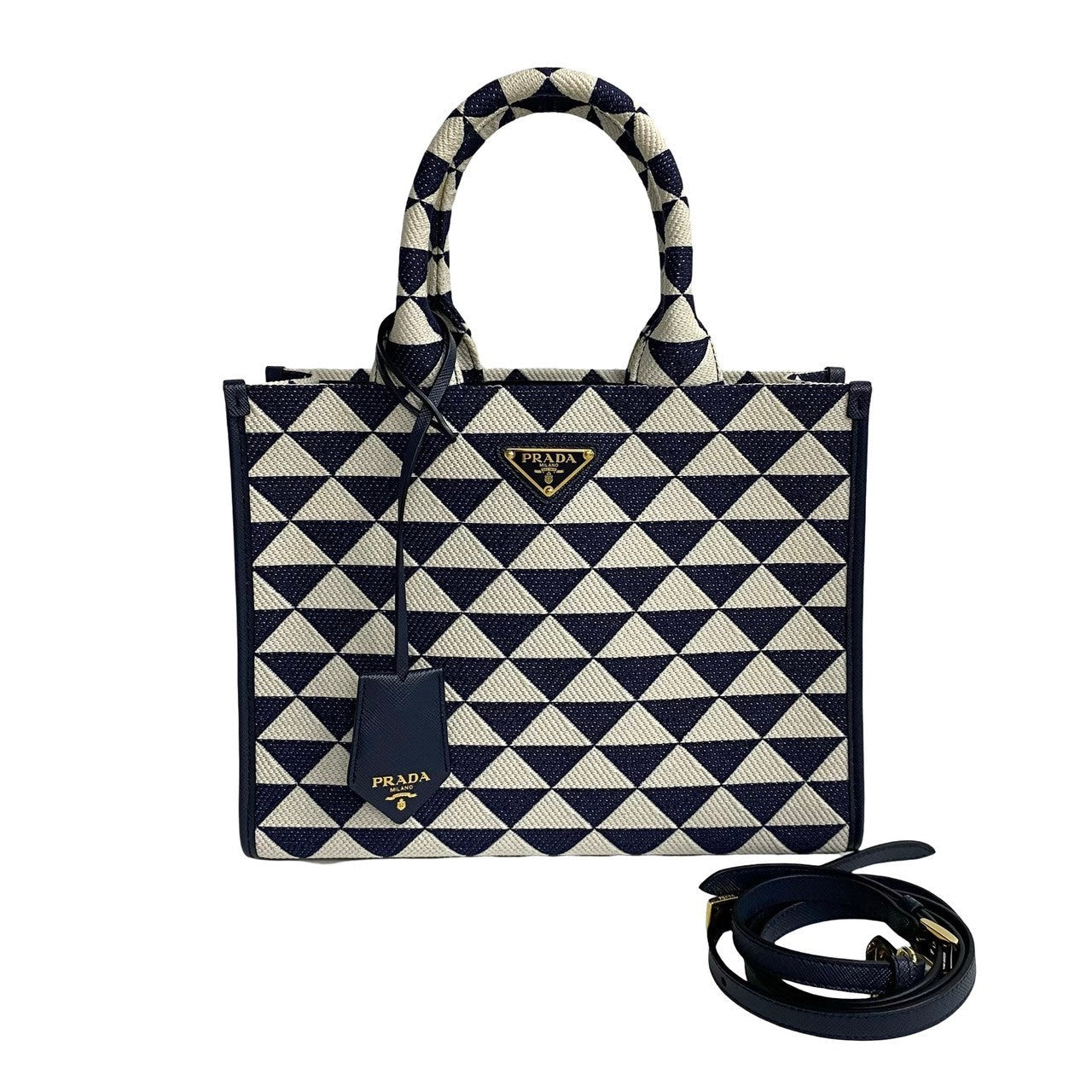 PRADA Handbag Canvas, Leather Navy Triangle Logo Metal Symbol Embroidery Fabric Small Women