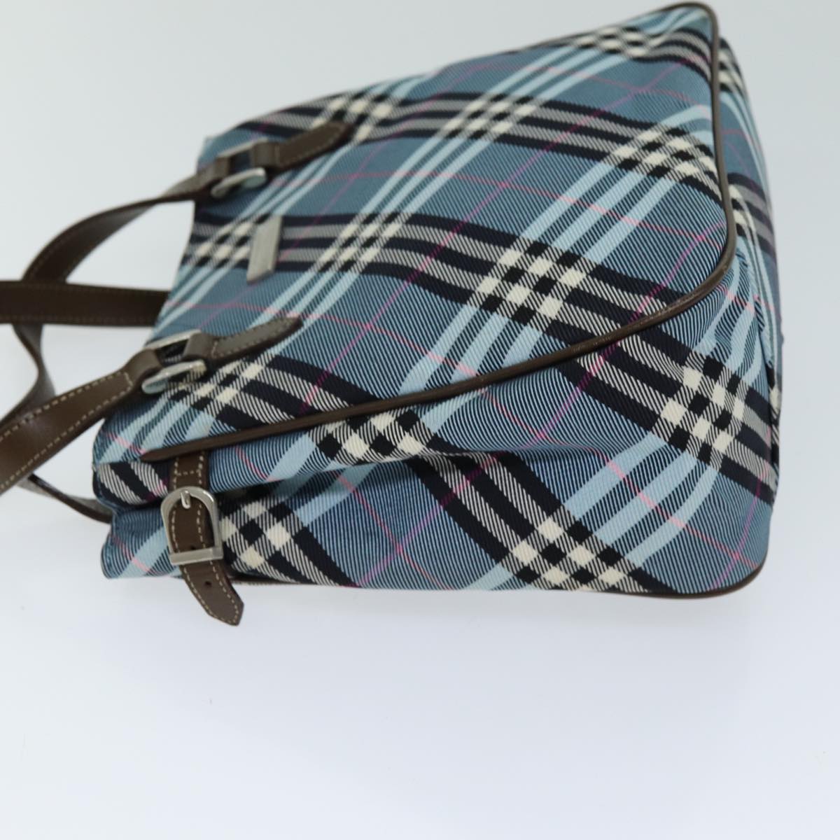 Burberry Nova Check Blue Label Hand Bag Nylon Light Blue Brown Auth 78854