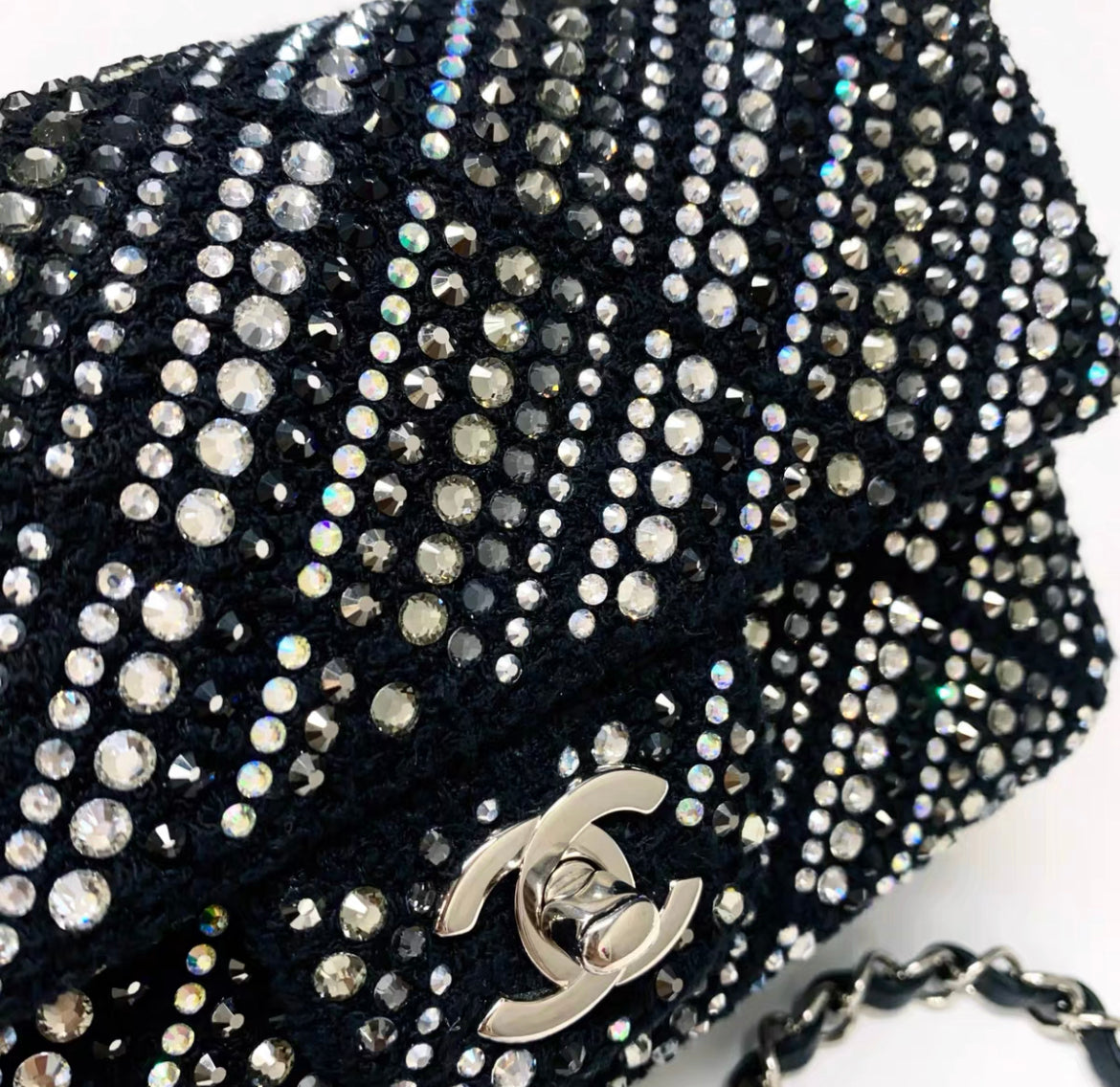 CHANEL 22A tweed, diamantÃ©s & silver metal black classic handbag