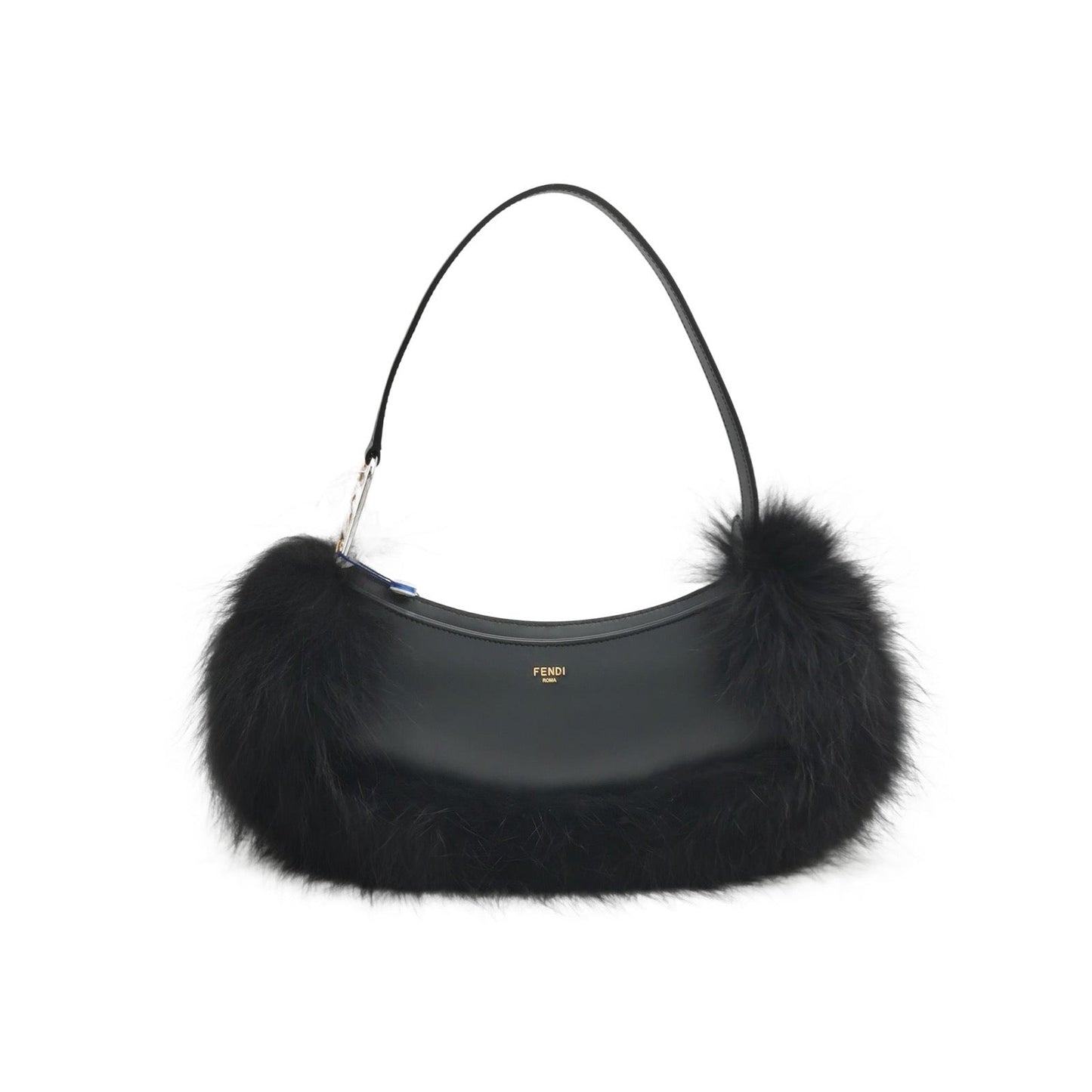 FENDI O Lock Black Leather and Faux Fur Shoulder Bag