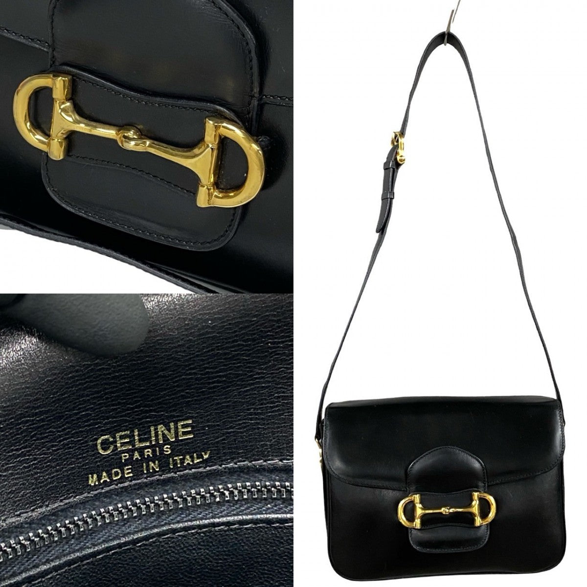 CELINE Shoulder Bag leather black Horsebit Metal Women
