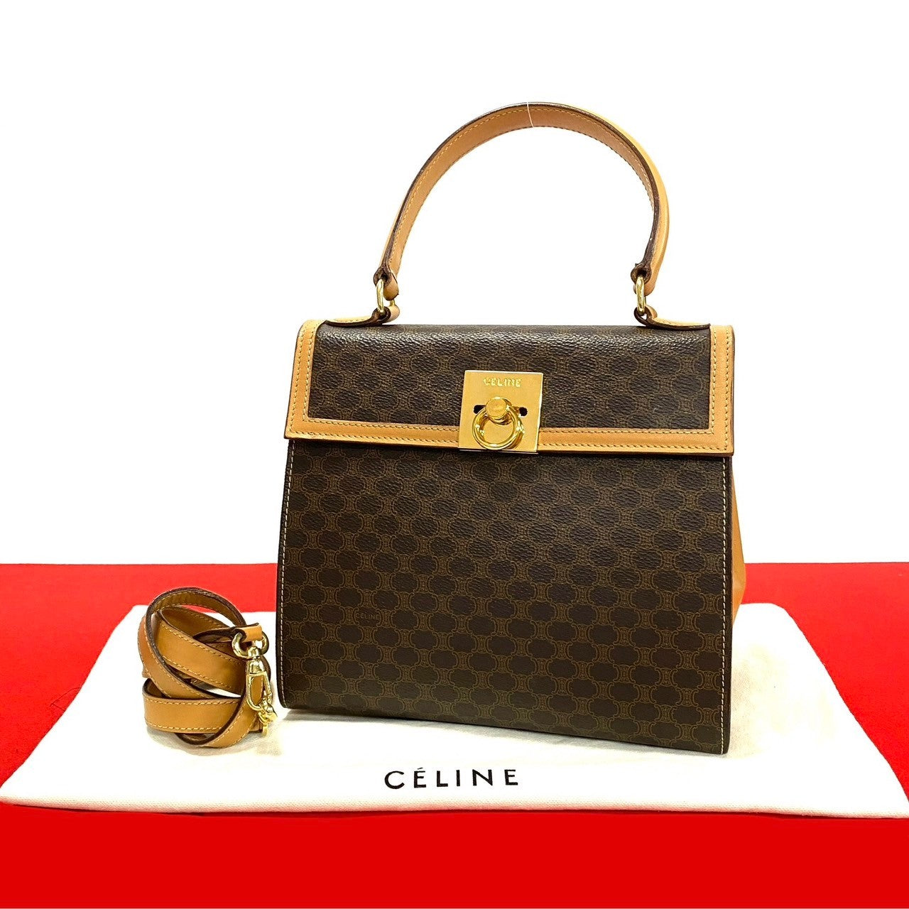 CELINE Shoulder Bag Leather, PVC Brown Macadam Blason Triomphe Pattern logo ring Metal Women