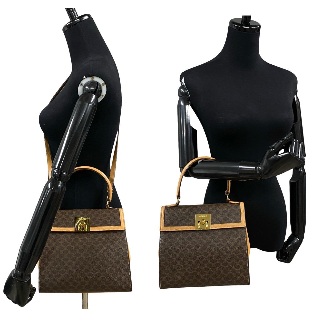 CELINE Shoulder Bag Leather, PVC Brown Macadam Blason Triomphe Pattern logo ring Metal Women