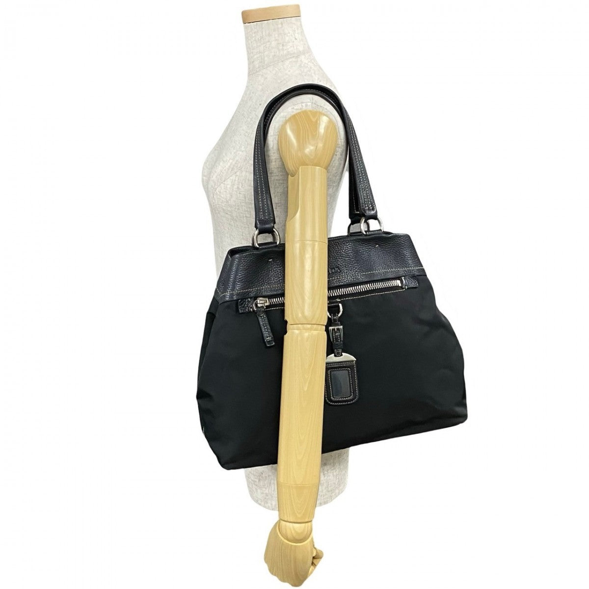 PRADA Tote Bag leather black PRADA logo Metal Women