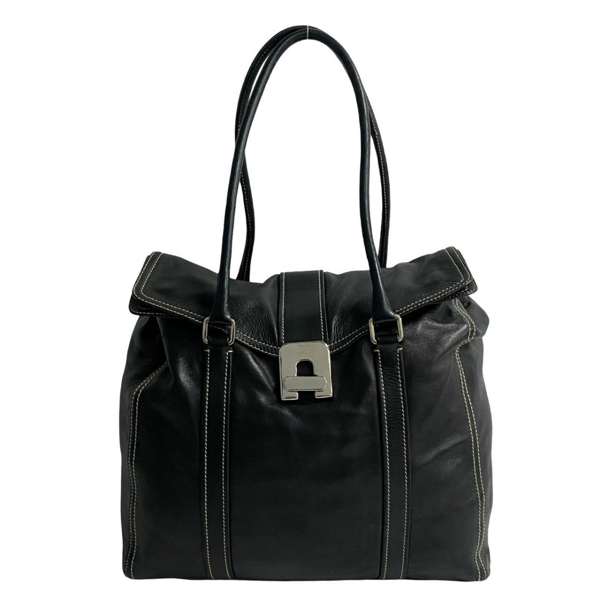 PRADA Tote Bag leather black logo turn lock Metal Women