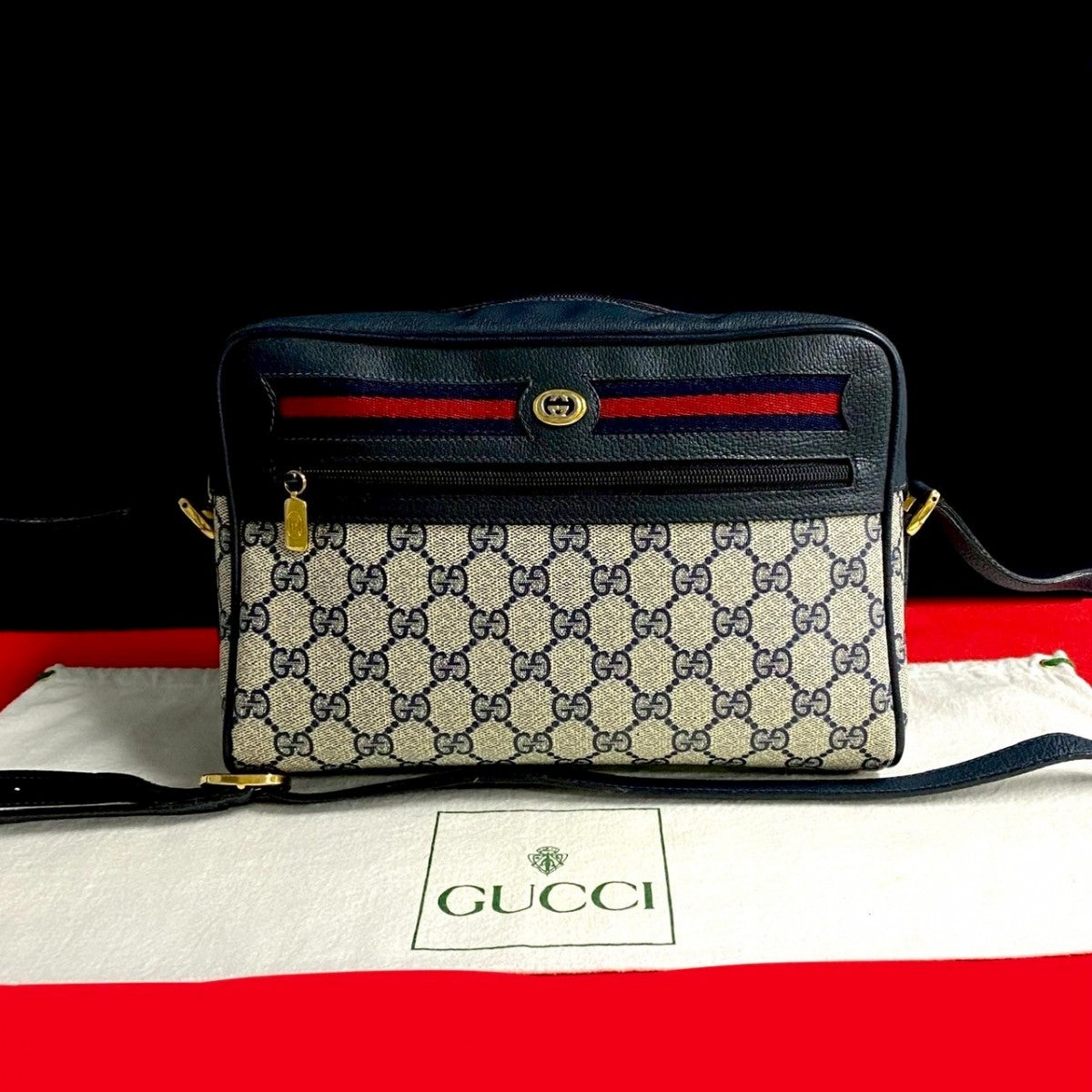 GUCCI Shoulder Bag Leather, PVC Navy GG logo Pattern Sherry line Women