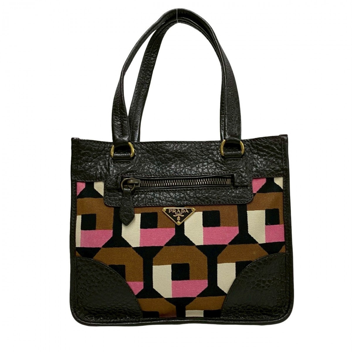 PRADA Handbag Leather, Canvas Brown Triangle Logo Metal Women
