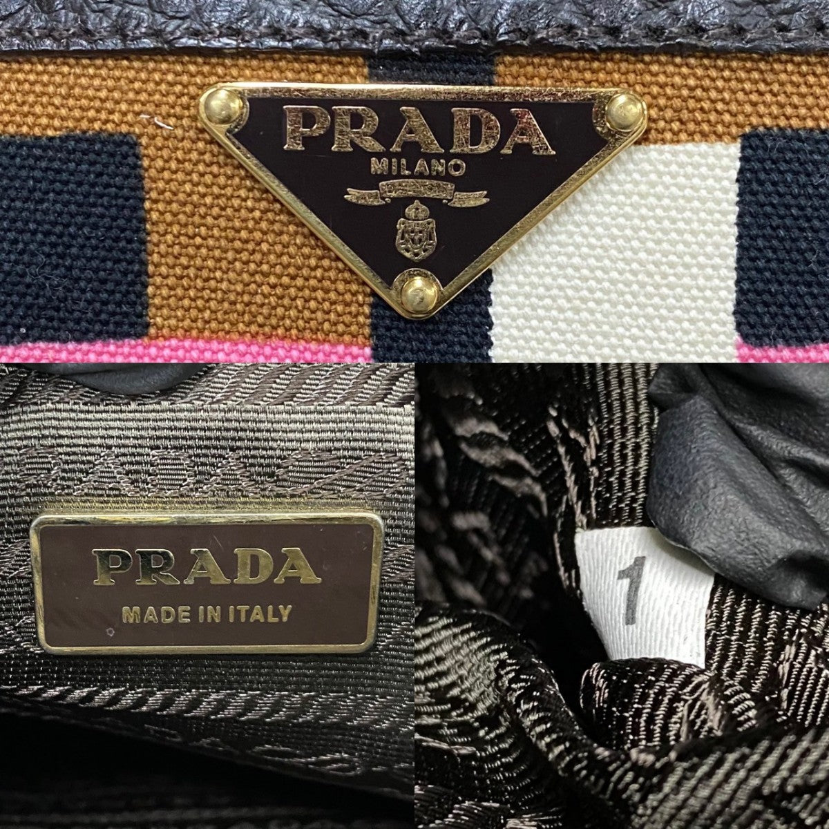 PRADA Handbag Leather, Canvas Brown Triangle Logo Metal Women