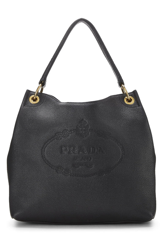 Prada, Black Vitello Daino Embossed Logo Hobo, Black