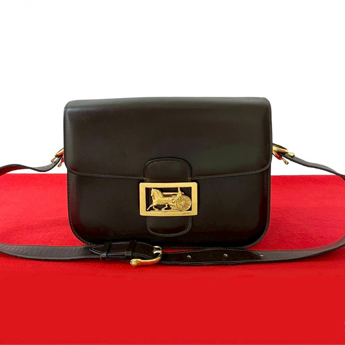 CELINE Shoulder Bag leather Brown logo carriage Metal Women