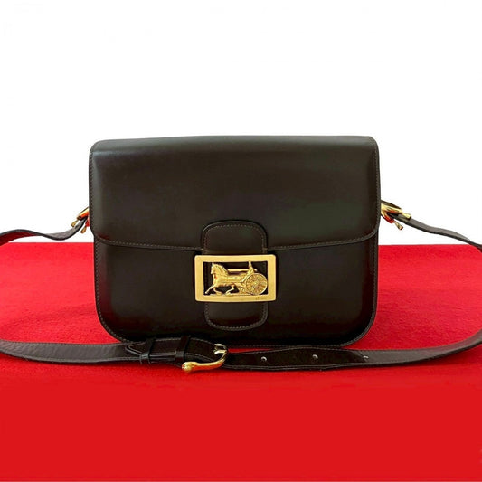 CELINE Shoulder Bag leather Brown logo carriage Metal Women
