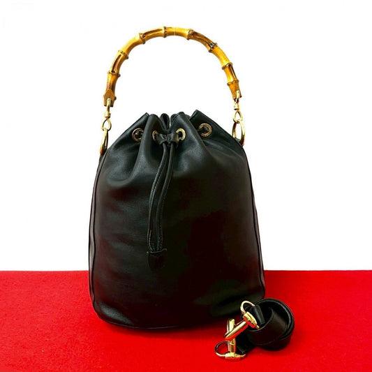 GUCCI Shoulder Bag leather black Bamboo