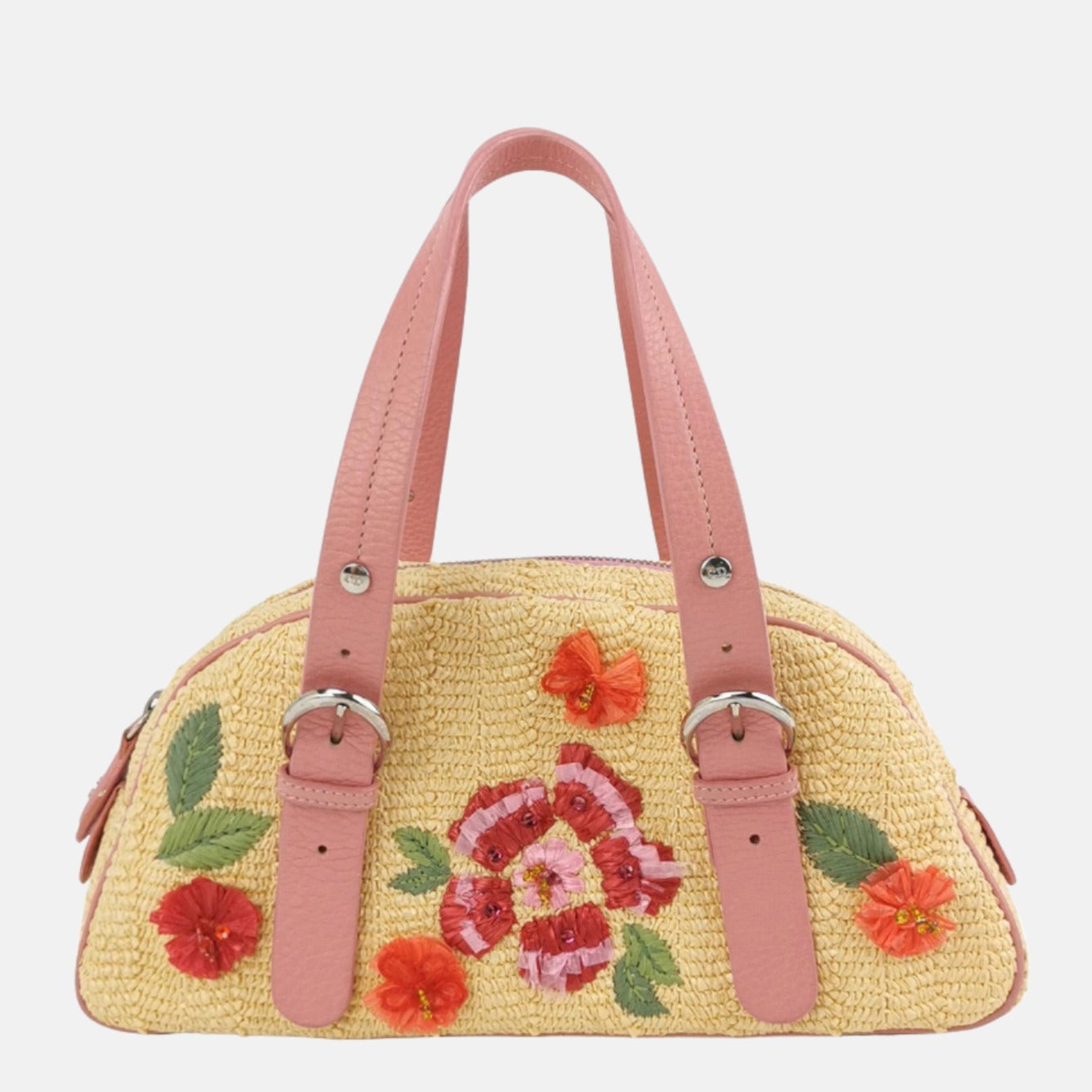 Dior Wicker Boston Bag Floral Embroidery Pink Leather