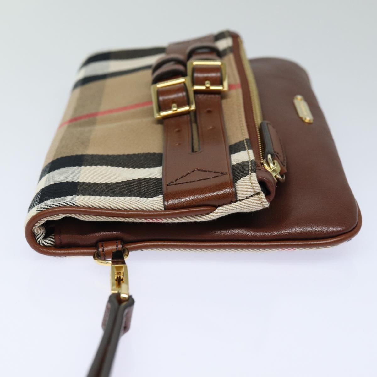 Burberry Nova Check Clutch Bag Canvas Leather Brown Auth 83127A