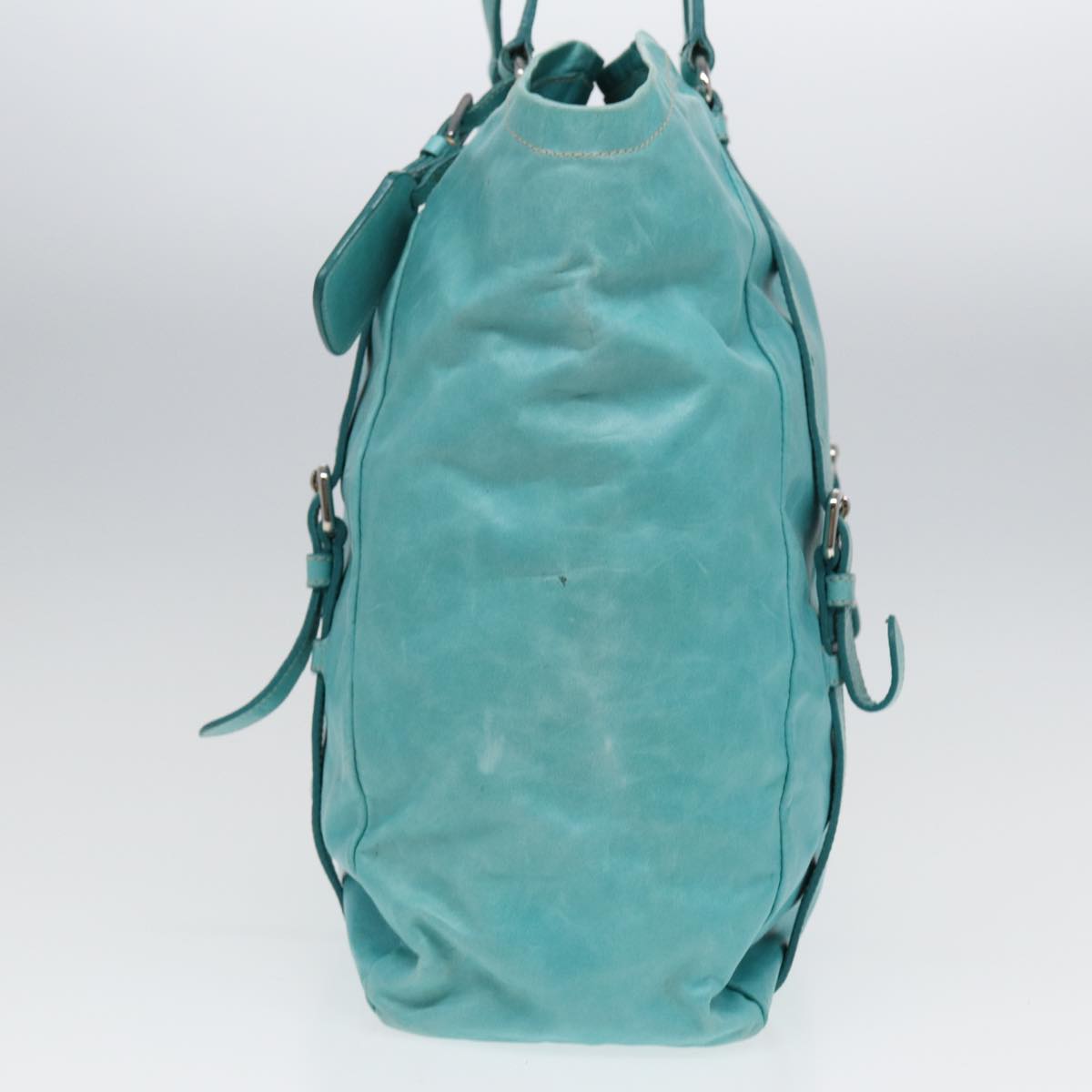 PRADA Tote Bag Leather Turquoise Blue Auth