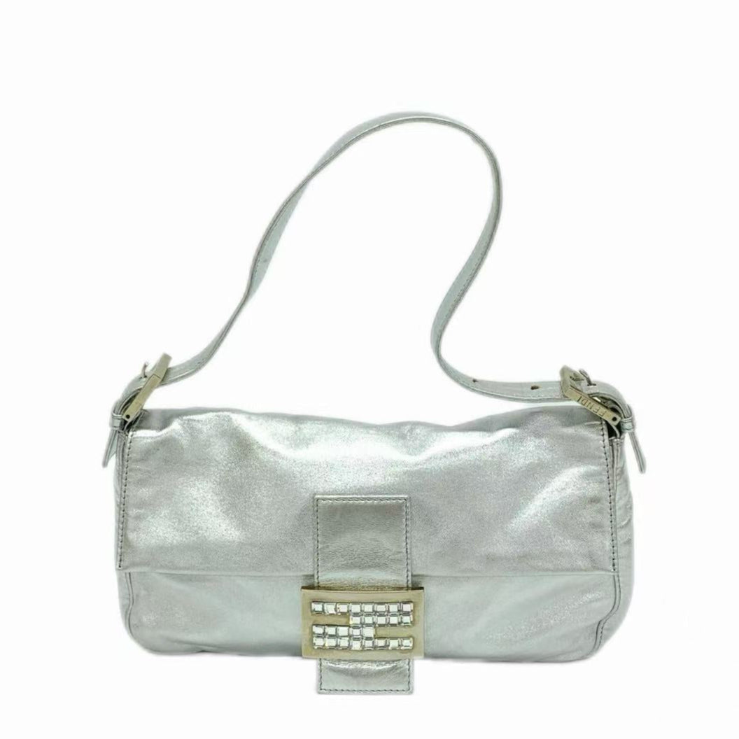 FENDI Baguette Silver Lambskin Leather Crystal Buckle Shoulder Bag