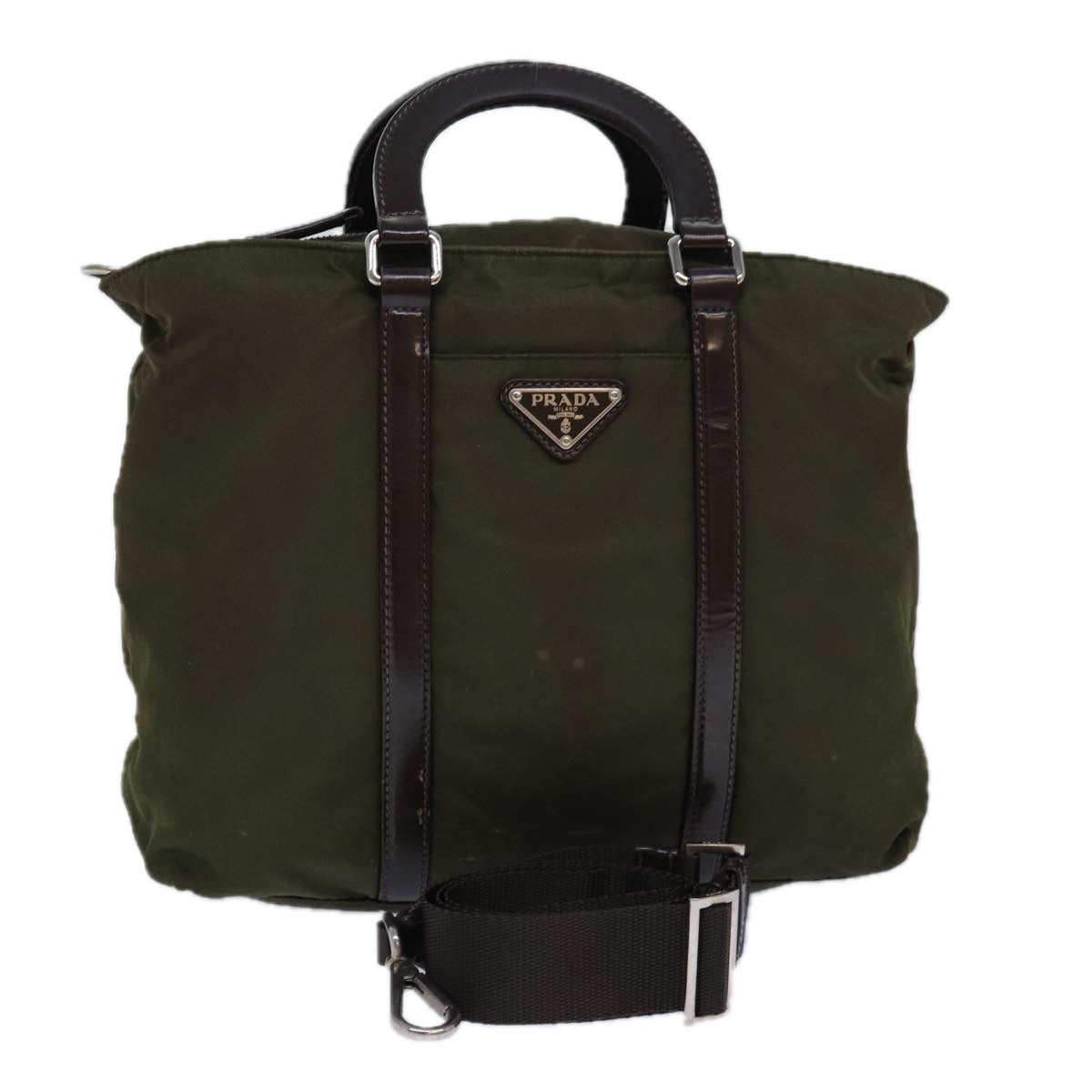 PRADA Hand Bag Nylon 2way Khaki Silver Auth