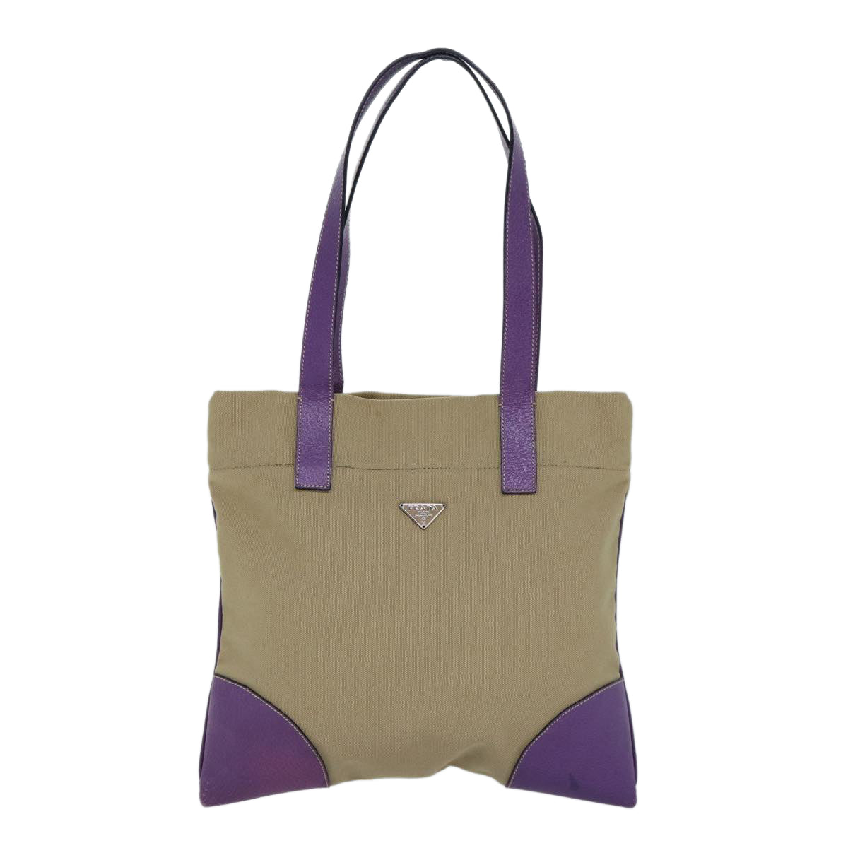 PRADA Hand Bag Canvas Beige Purple Silver Auth