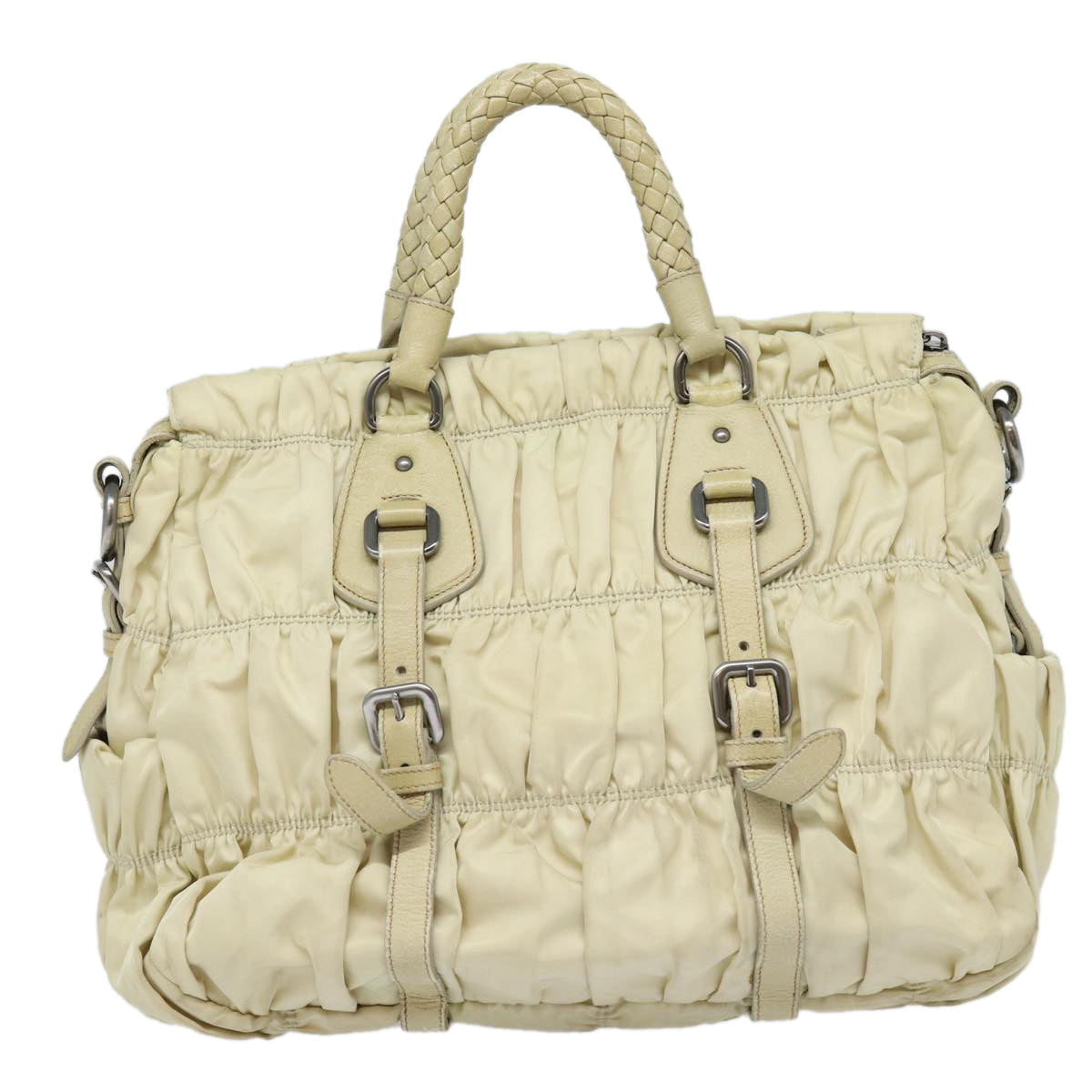 PRADA Hand Bag Nylon 2way Cream Silver Auth