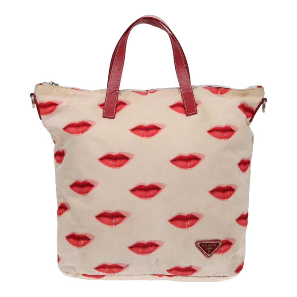 PRADA Tote Bag Nylon 2way Beige Red Silver Auth