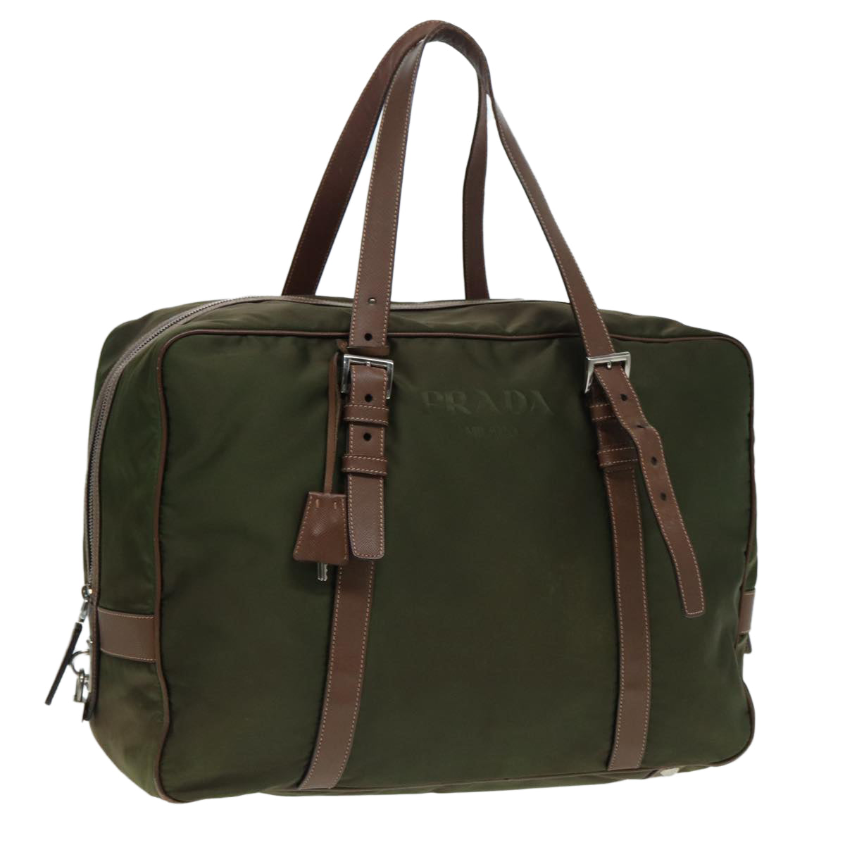 PRADA Boston Bag Nylon Khaki Silver Auth