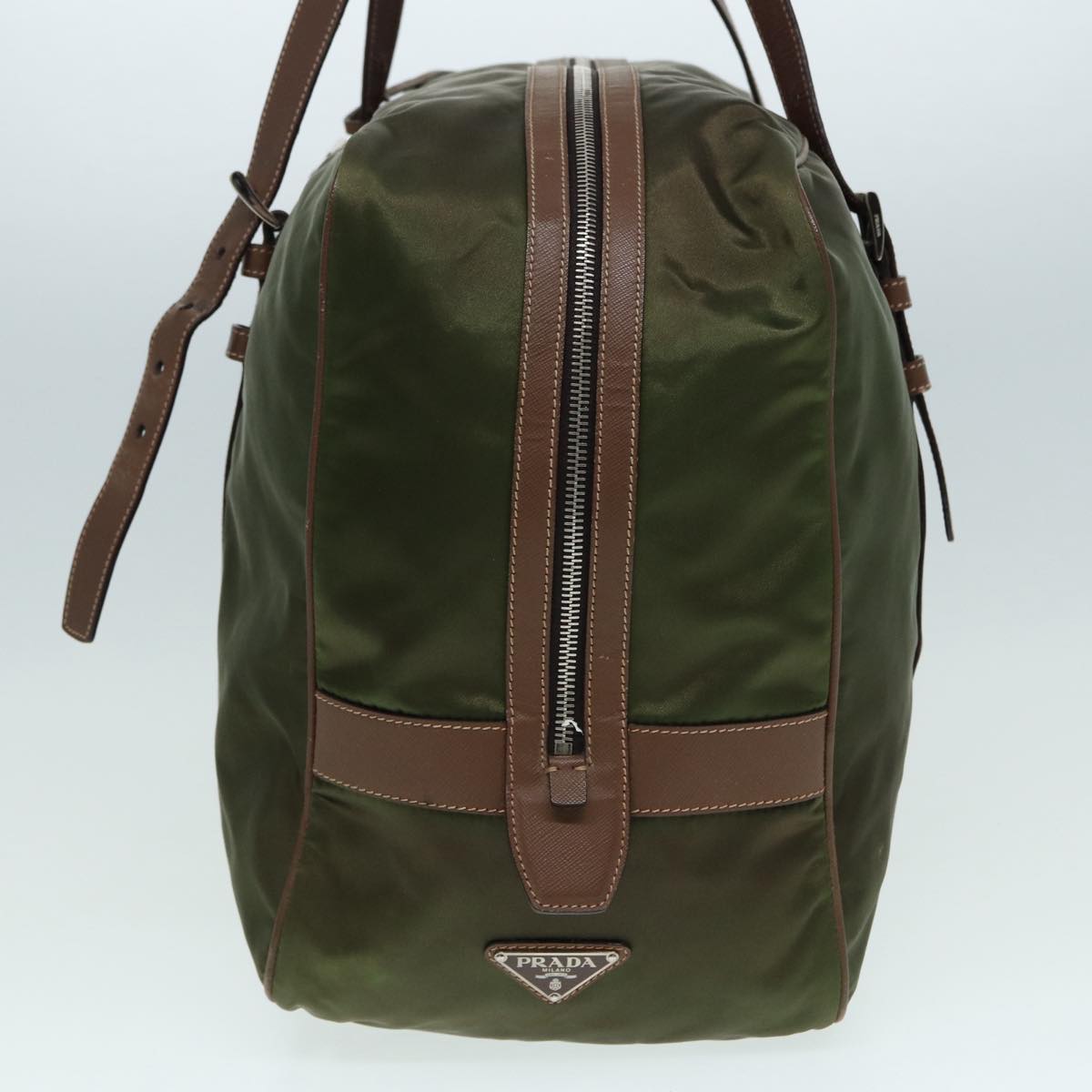 PRADA Boston Bag Nylon Khaki Silver Auth