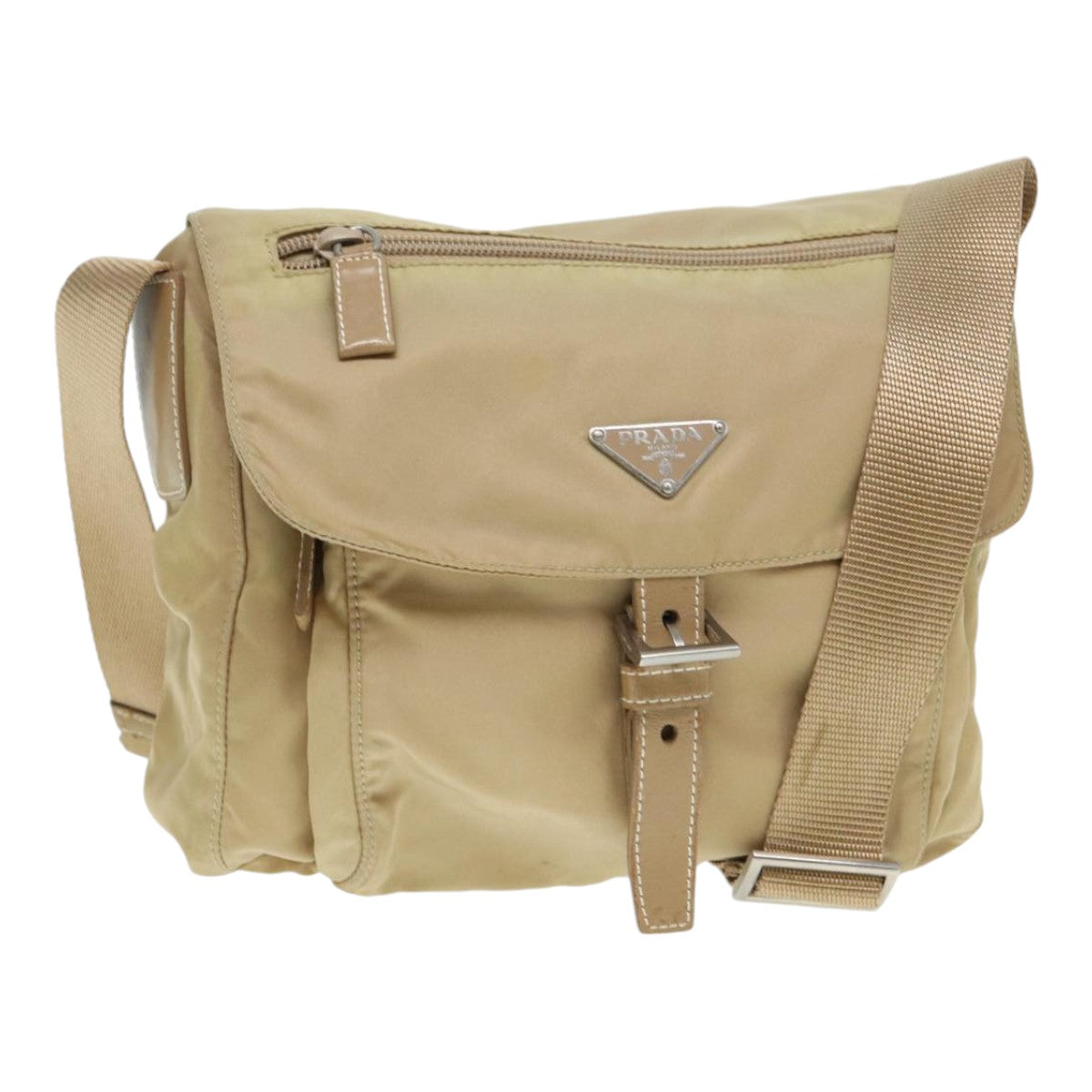 PRADA Shoulder Bag Nylon Beige Silver Auth