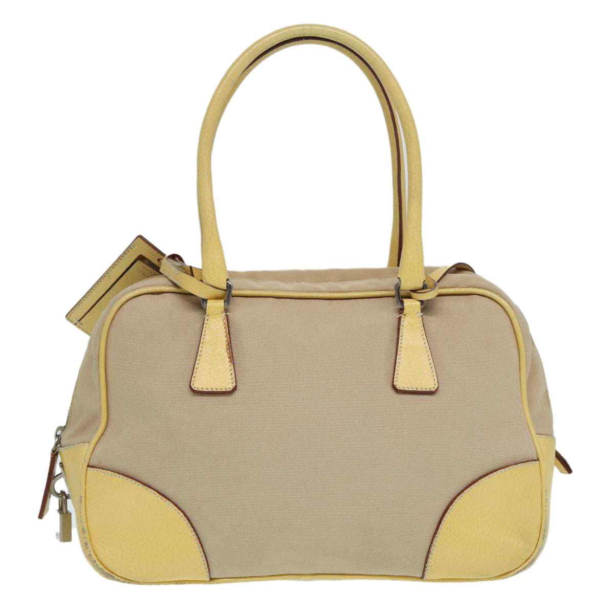 PRADA Hand Bag Canvas Beige Silver Auth