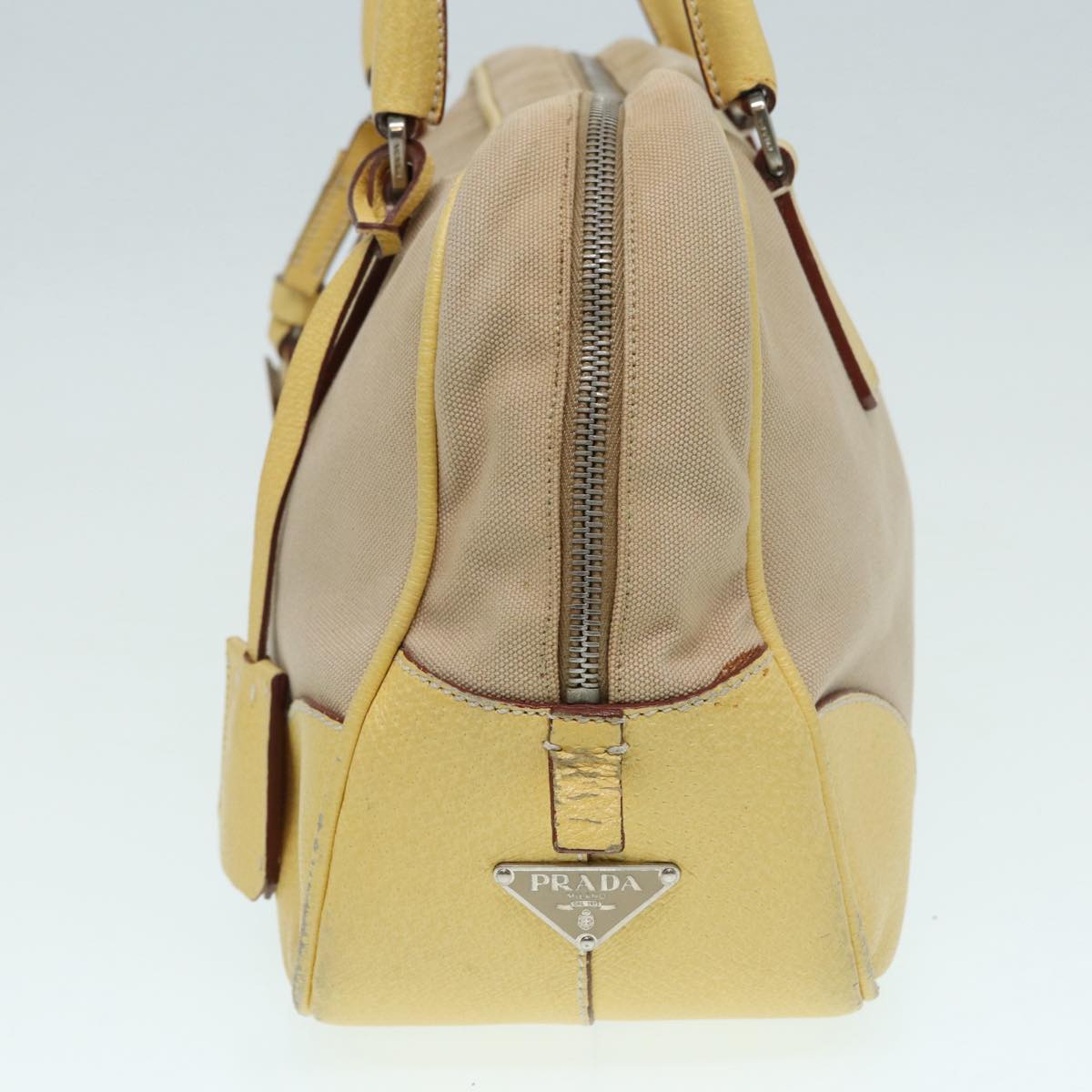 PRADA Hand Bag Canvas Beige Silver Auth