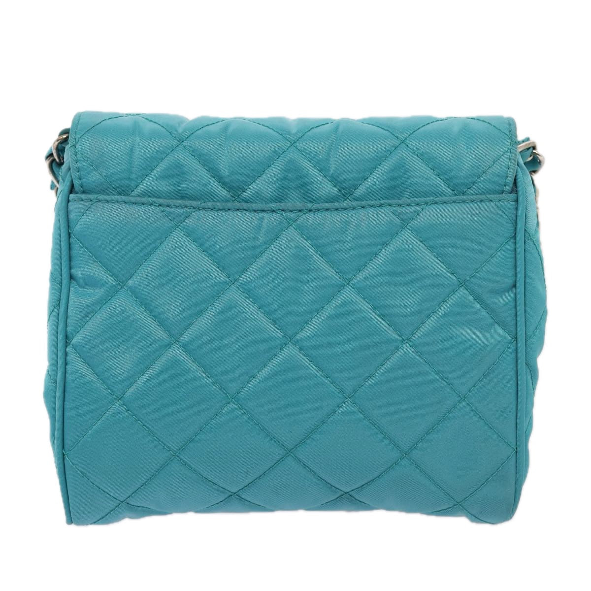 PRADA Chain Shoulder Bag Nylon Turquoise Blue Silver Auth