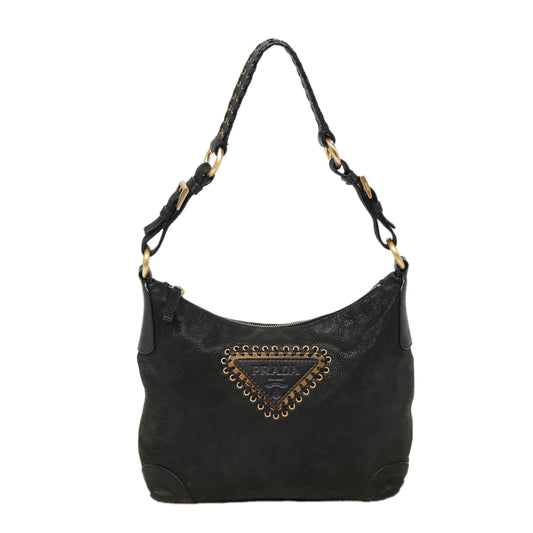 PRADA Shoulder Bag Leather Black Gold Auth