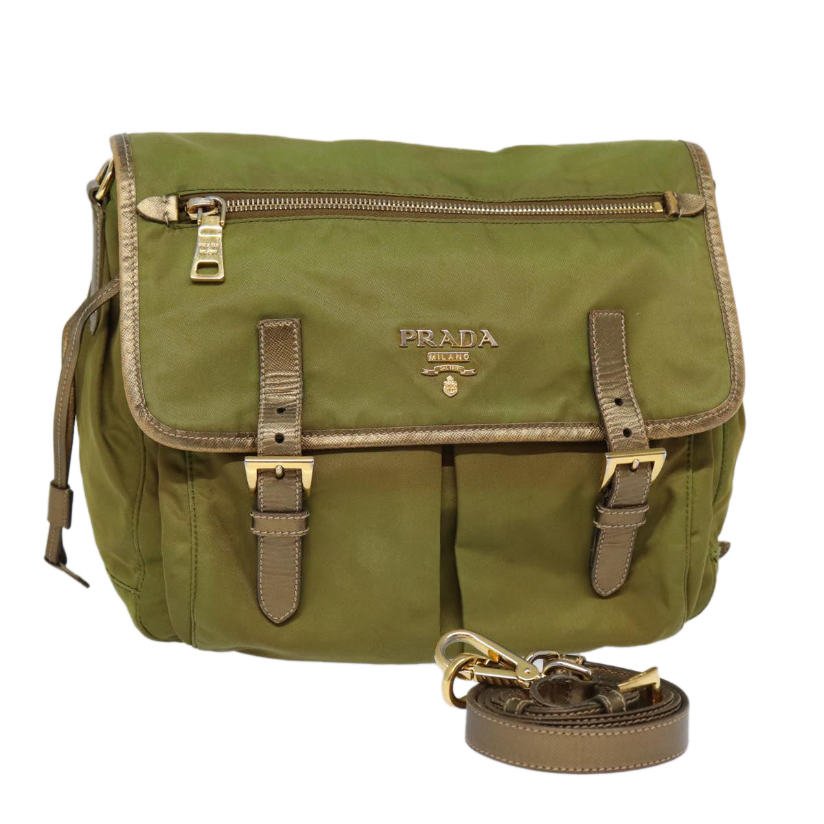 PRADA Shoulder Bag Nylon Khaki Gold Auth
