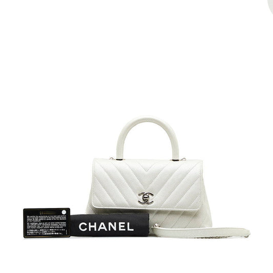 Chanel Chevron V tick Coco Handle HandBag Shoulder Bag 2WAY White Caviar S Chanel