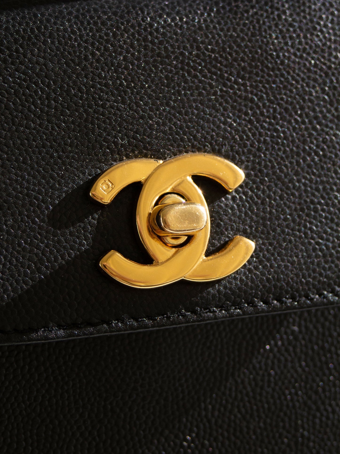 Chanel 1998 Kelly Black Caviar Leather 24K Gold Top Handle Bag