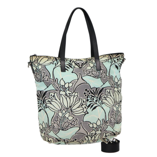 PRADA Flower Tote Bag Nylon 2way Light Blue Black Silver Auth