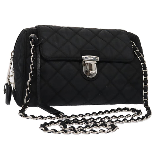 PRADA Quilted Chain Shoulder Bag Nylon Black Silver Auth