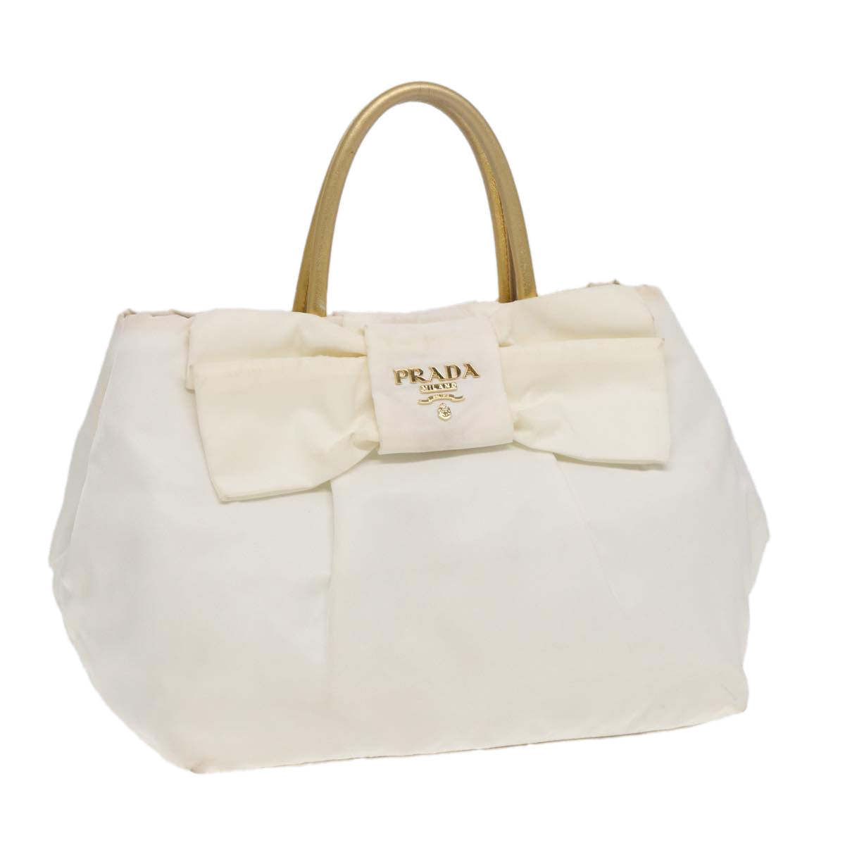 PRADA Ribbon Hand Bag Nylon White Gold Auth
